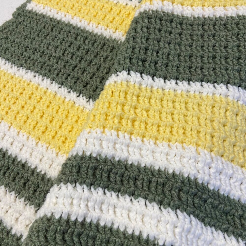 Handmade Crochet striped Blanket Green Yellow White Waffle Soft Warm throw